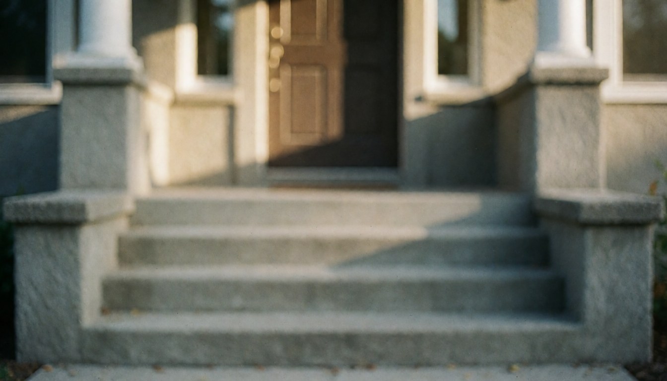 Concrete staircase leading to an entrance door with warm sunset light, suitable as a background for staircase repair services