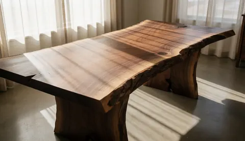 Wood dining table with natural edge and visible grain placed on polished concrete floor near window light