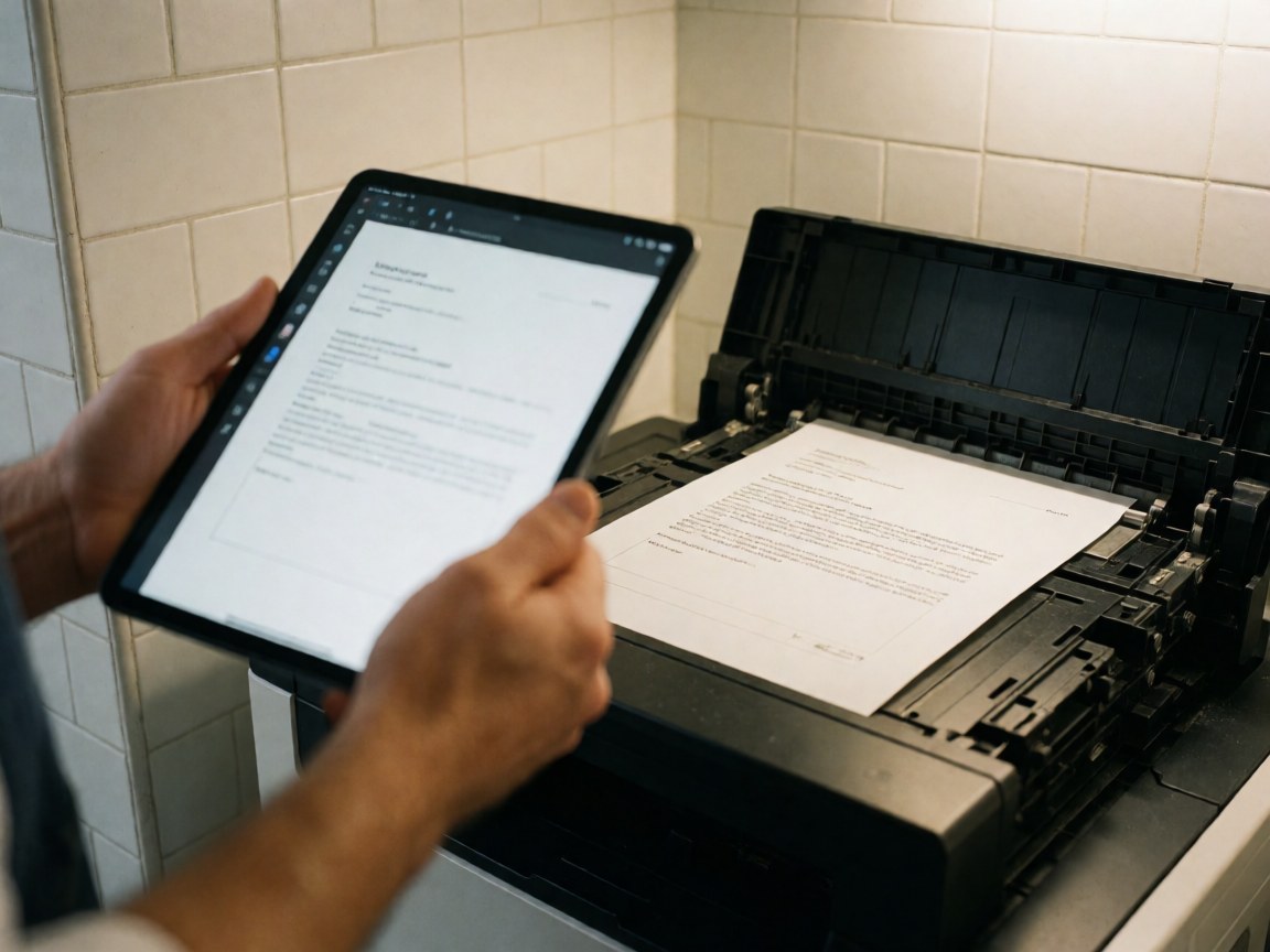 Hands holding a tablet displaying a document next to a printed copy on a printer in an office with white tiled walls