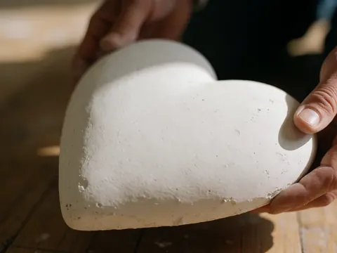 Close-up of hands holding a white plaster heart over a wooden floor, a detail shot for event decoration props
