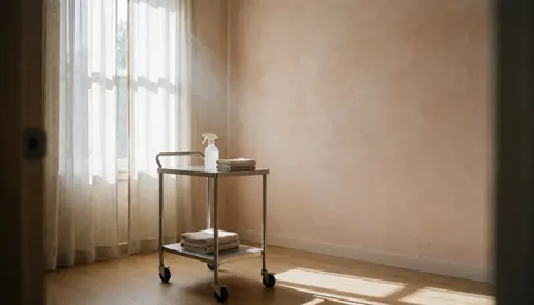 Clean massage room with cupping jars, metal cart, towels, terracotta plaster walls, and natural window light