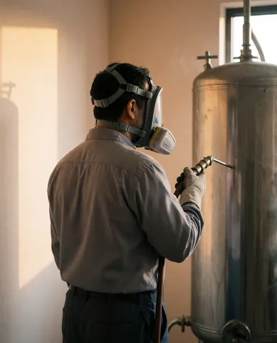 Worker wearing mask and gloves using high-pressure hose on metal tank in industrial plant with beige walls and sunset light