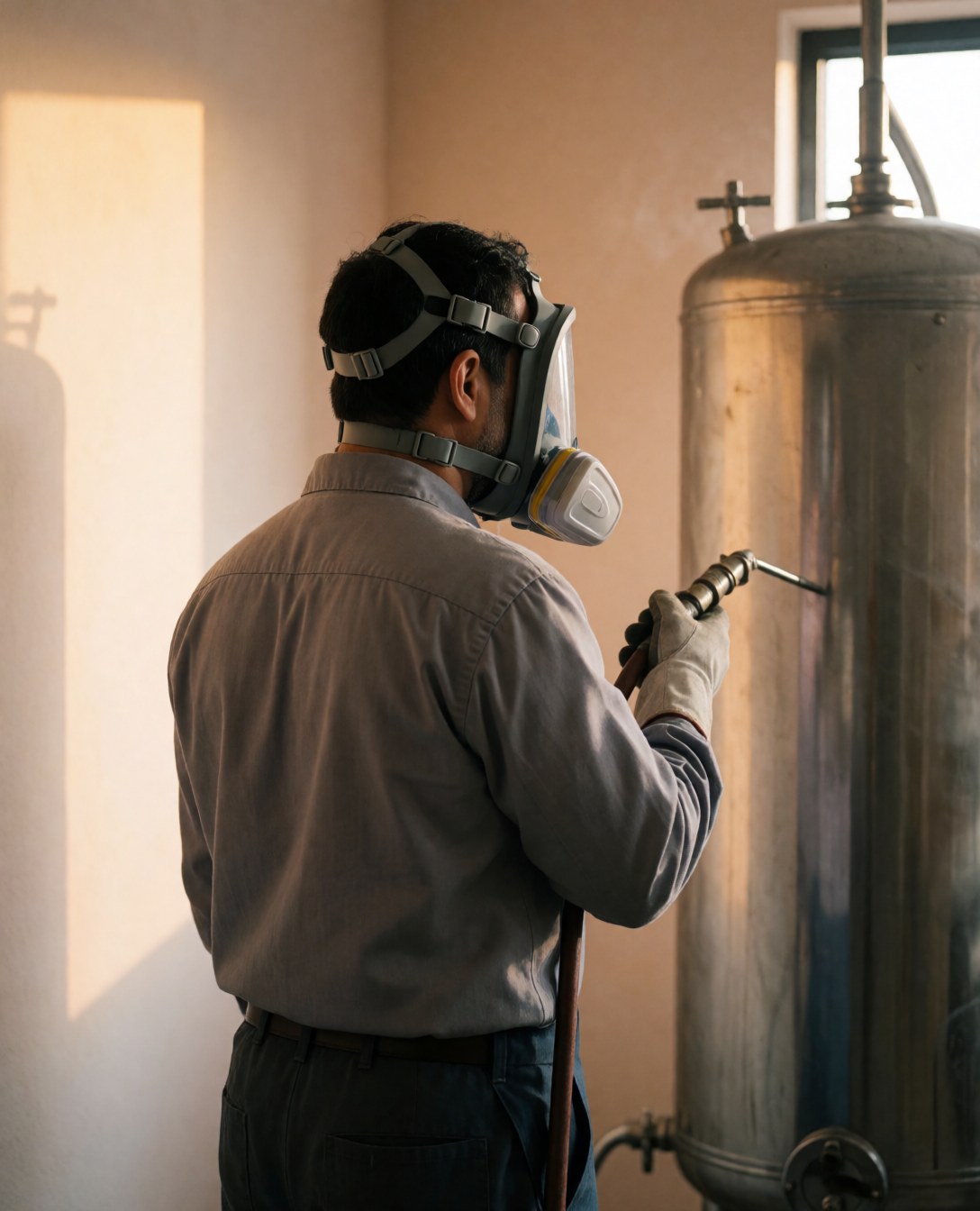 Worker wearing mask and gloves using high-pressure hose on metal tank in industrial plant with beige walls and sunset light