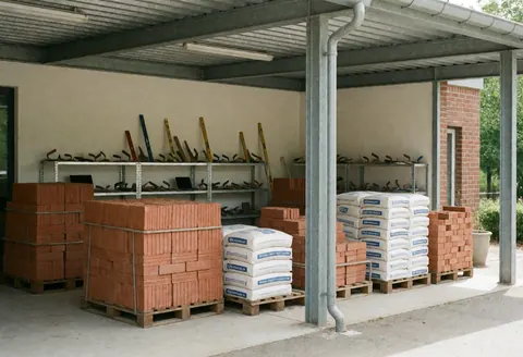 Covered storage space with stacks of red bricks and white cement bags on pallets, tools on shelves, ideal for masonry work.