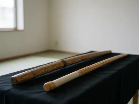 Close-up of a wooden bokken and bamboo shinai resting on black cloth in a dojo with white walls and natural light.