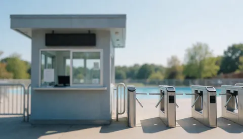 Blurred background of a water park entrance featuring a ticket booth and metal turnstiles, suitable for advertising text overlay