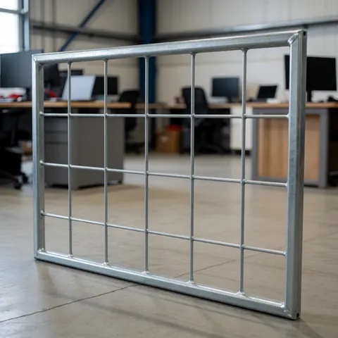 Galvanized metal panel with grid pattern resting on a concrete floor in an industrial office background with desks and computers