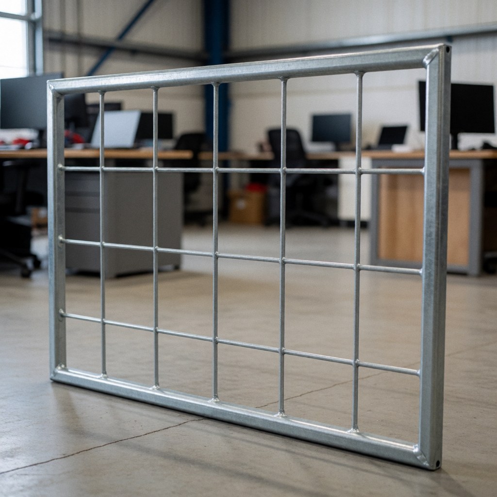 Galvanized metal panel with grid pattern resting on a concrete floor in an industrial office background with desks and computers