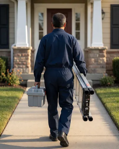 Antenna installer walking toward a home entrance with a ladder and toolbox during sunset