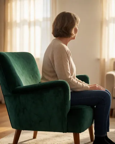 A woman seated comfortably on a green upholstered armchair in a bright living room setting