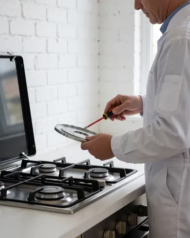 Technician in a white uniform repairing a gas stove with a screwdriver against a white brick wall