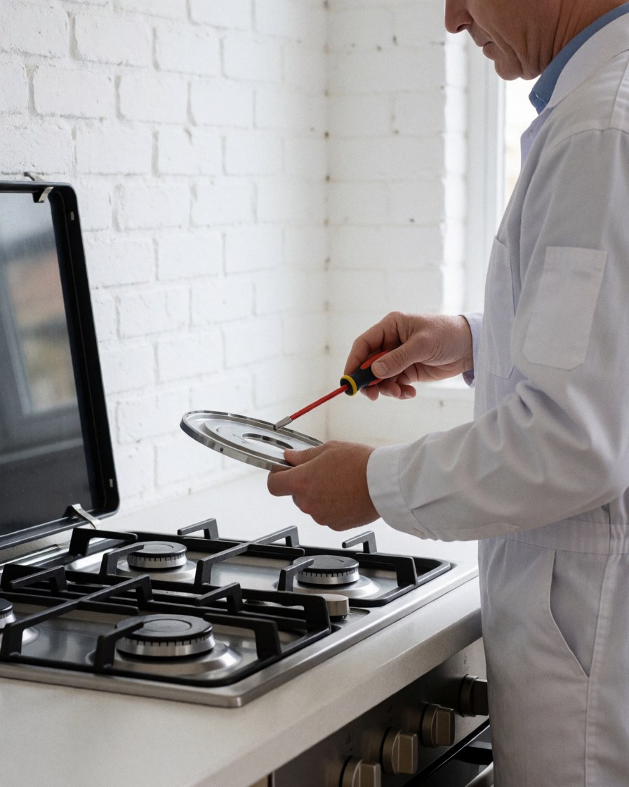 Technician in a white uniform repairing a gas stove with a screwdriver against a white brick wall