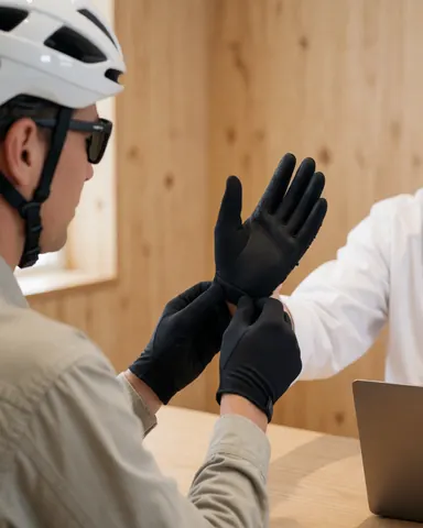 A cyclist wearing a helmet and glasses adjusts their gloves with the help of a professional in a wooden bike repair shop.