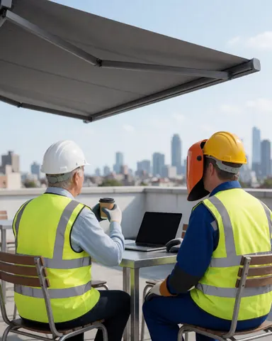 Two workers wearing helmets and vests enjoy coffee under a gray awning on a rooftop terrace with a city view.