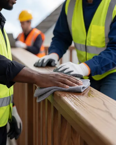 Close-up of a hand wiping a polished wooden railing with a cloth, showing surface details and reflections.