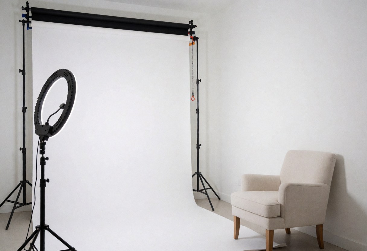 Minimalist photography studio featuring a white backdrop, ring light, and beige chair, ideal for professional team portraits.