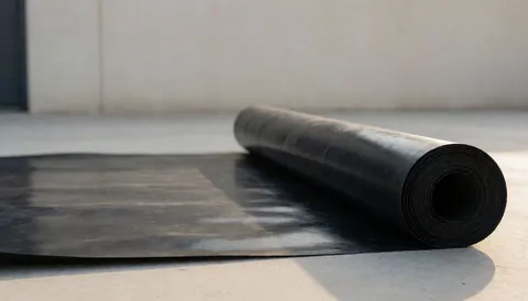 Unrolled black EPDM membrane roll lying on a concrete surface with a blurred industrial wall in the background, suitable for roofing applications
