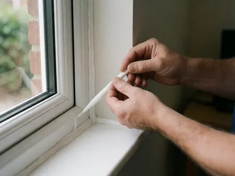 Close-up of hands applying white silicone sealant to a double-glazed window frame in natural light