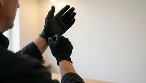 A professional gymnast puts on black gloves in a gym with white walls and warm lighting, preparing for training.