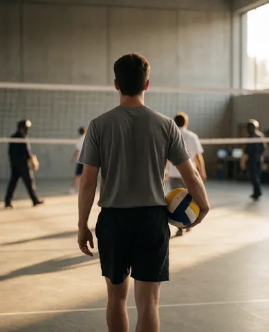 Back view of a volleyball player holding a ball on a court with warm sunset light and concrete walls