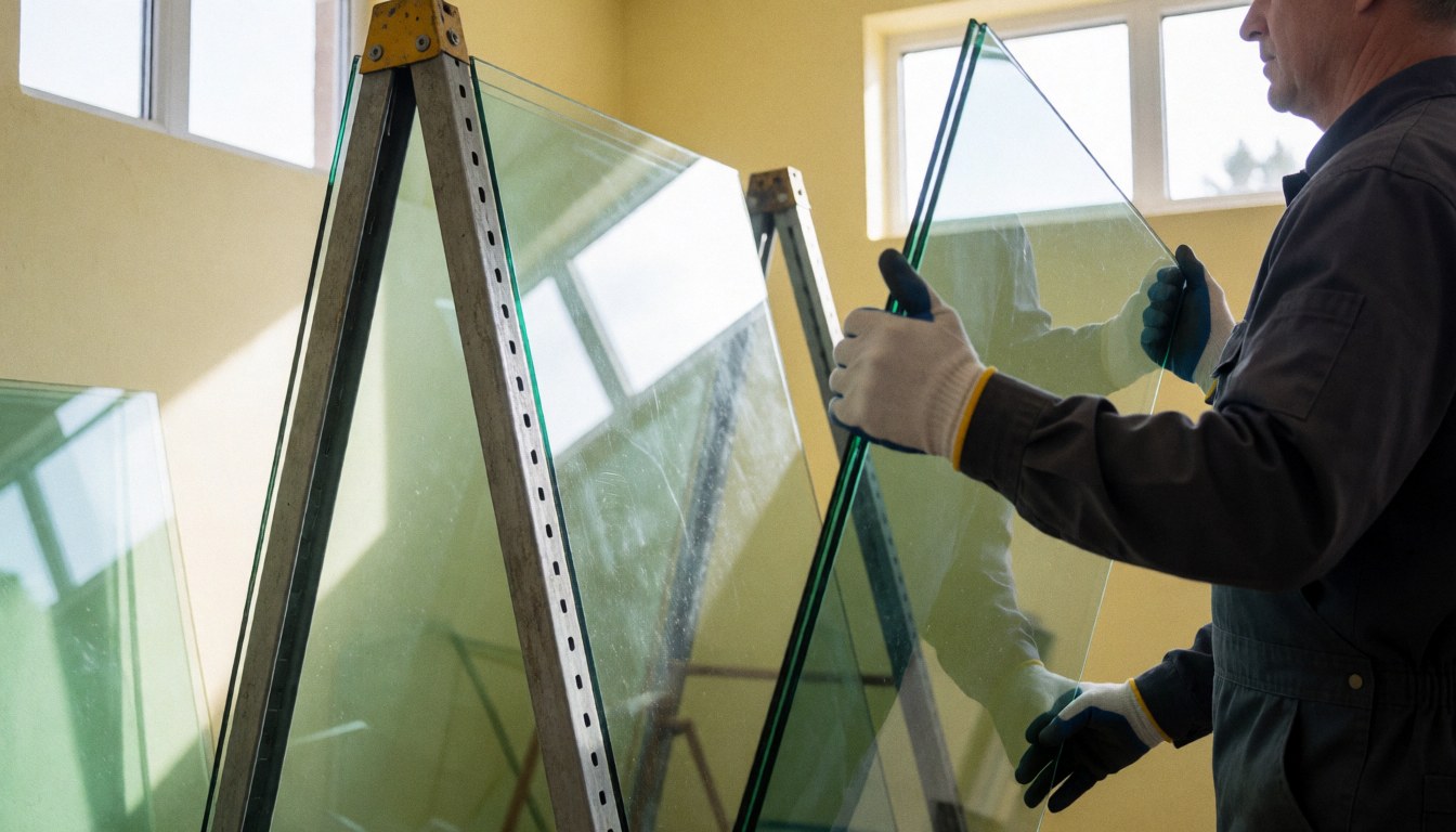 A worker wearing gloves removes a large glass panel from a metal rack in a workshop illuminated by sunlight.