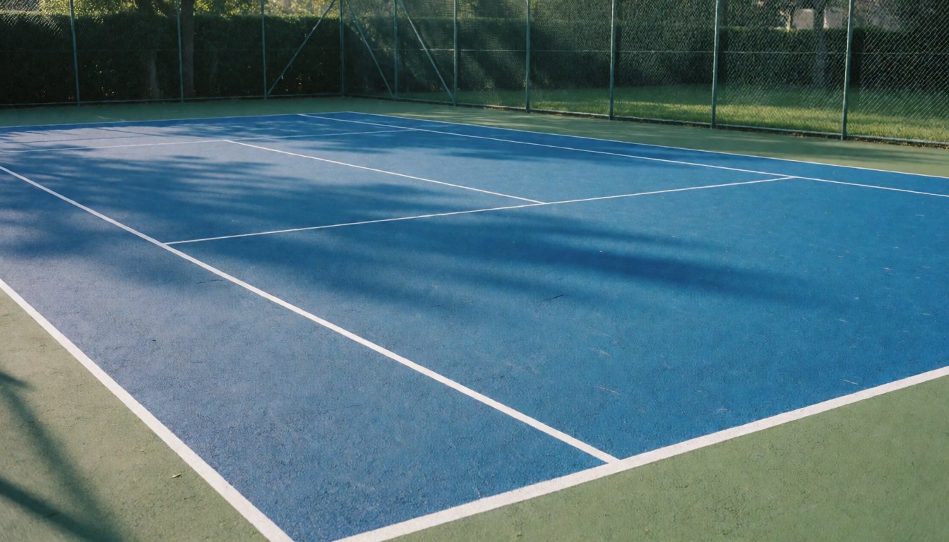 Newly painted tennis court with bright blue surface and crisp white lines, surrounded by a metal chain-link fence, showcasing professional installation services.