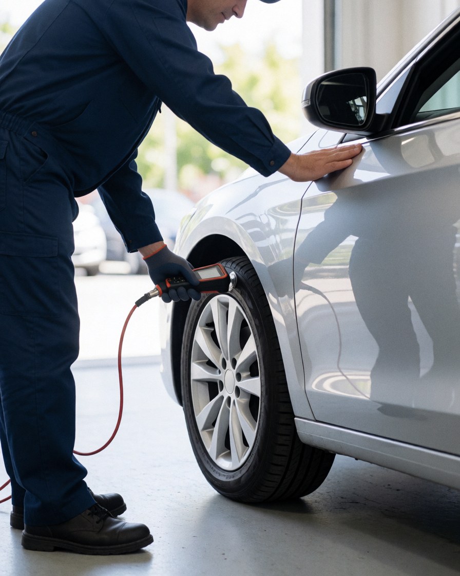 Technician in blue uniform checks tire pressure with a digital gauge on a silver vehicle at a tire shop
