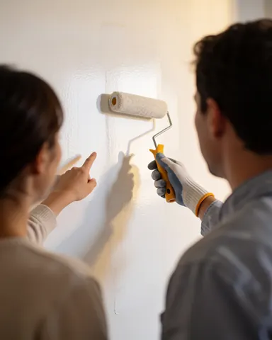A worker wearing a glove paints a white wall while a client points at the finish, showing a wall repair scene.