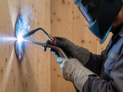 Professional welder wearing a helmet and gloves, performing TIG welding on a wooden surface with bright blue light.
