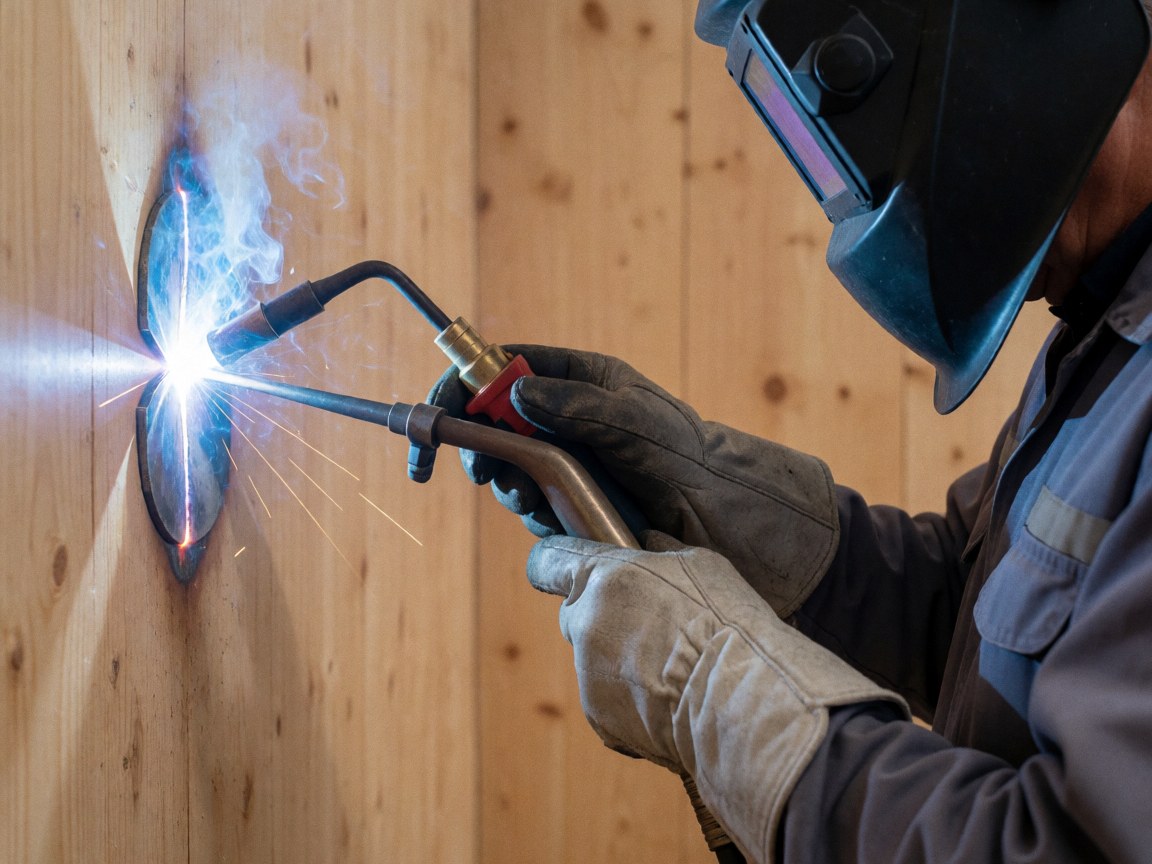Professional welder wearing a helmet and gloves, performing TIG welding on a wooden surface with bright blue light.