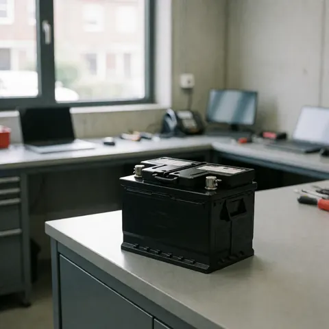 Black automotive battery with metal terminals resting on a gray workbench in a garage with concrete walls and tools in the background.
