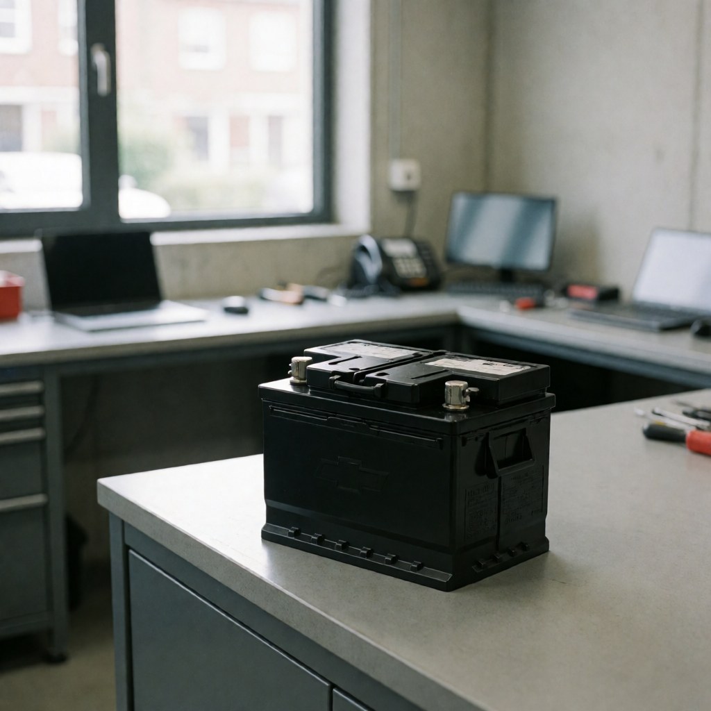Black automotive battery with metal terminals resting on a gray workbench in a garage with concrete walls and tools in the background.