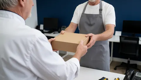 Technician in gray apron hands a box to a customer in a workshop with blue walls, showing repair service