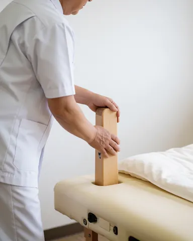 A practitioner in a white uniform adjusts a wooden support on a massage bed in a clean and professional shiatsu environment.
