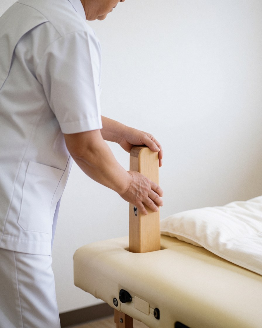 A practitioner in a white uniform adjusts a wooden support on a massage bed in a clean and professional shiatsu environment.