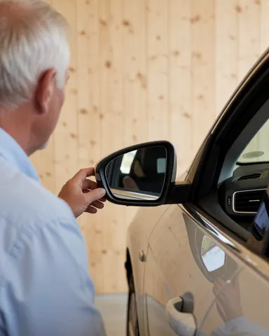 A satisfied client checks the quality of an auto mirror repair in a workshop with a wooden wall background.