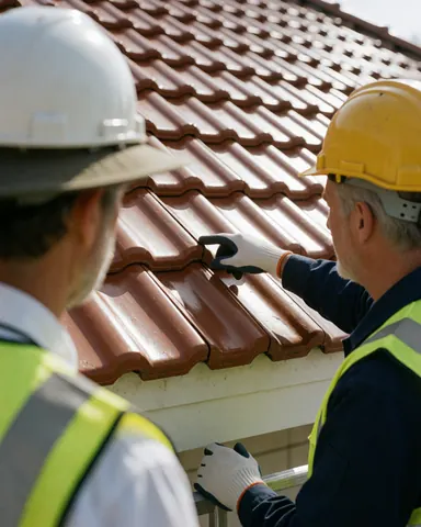 Worker in safety gear points to newly installed red roof tiles during a repair job