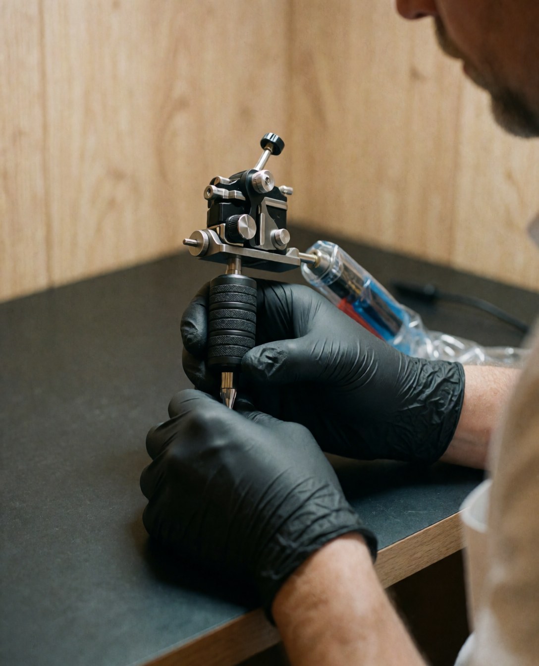 Close-up of a hand adjusting the dial on a tattoo machine against a dark wooden background in a studio setting.