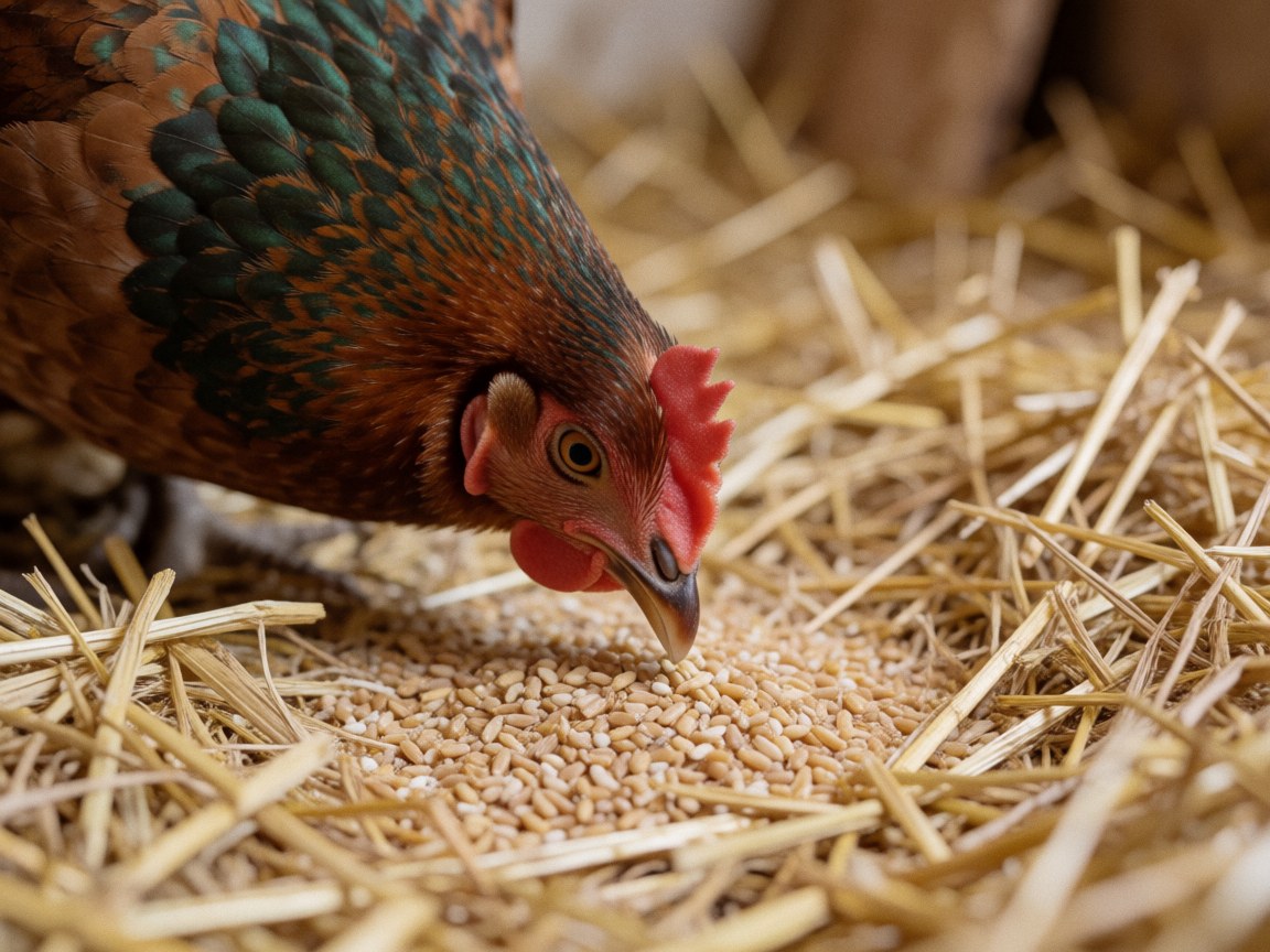 A hen with iridescent feathers eats grain from a straw cushion inside a rustic rural cabin.