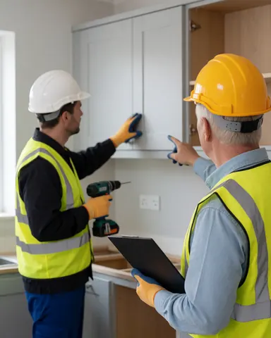 Two kitchen installers inspect the alignment of a cabinet door, one holding a drill and the other a clipboard, in a kitchen with gray walls.
