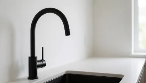 Matte black kitchen faucet on white countertop with white wall and natural light window, suitable for pipe repair services