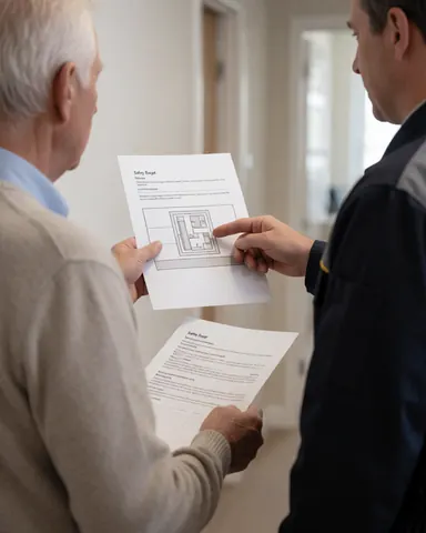 A gas technician in uniform explains a safety diagram to a client in a well-lit hallway with neutral walls.