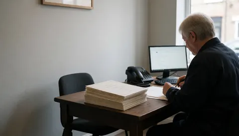 A professional reviews printed invitations on a wooden desk with natural light and a computer in the background.