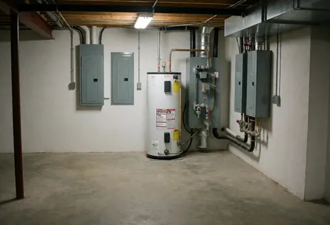 Basement area featuring a hot water boiler, metal pipes, and electrical panels suitable for pipe repair services.