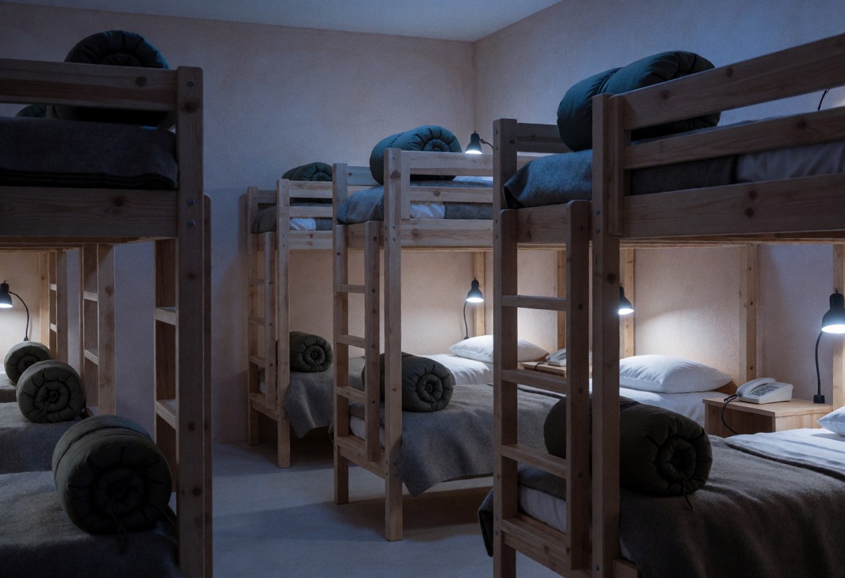 Mountain hut bedroom featuring wooden beds, rolled blankets, reading lights, pale terracotta walls, and cool blue lighting
