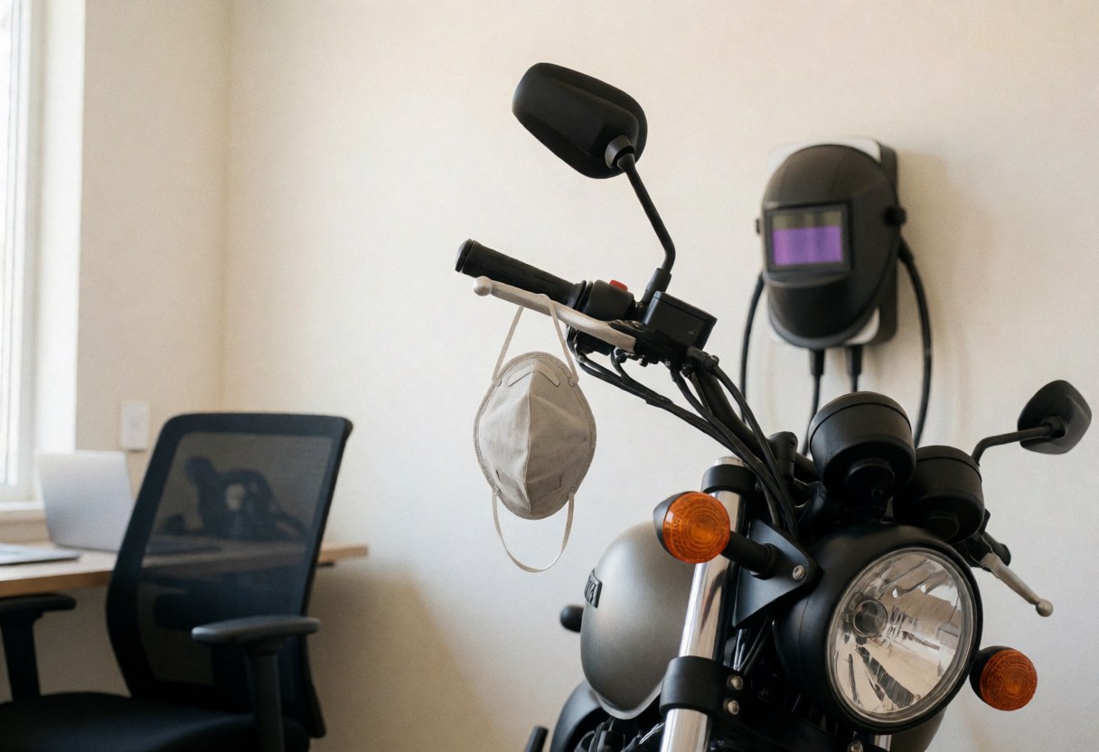 Motorcycle taxis with protective masks hanging on the handlebars, charging in an office with light walls and natural light