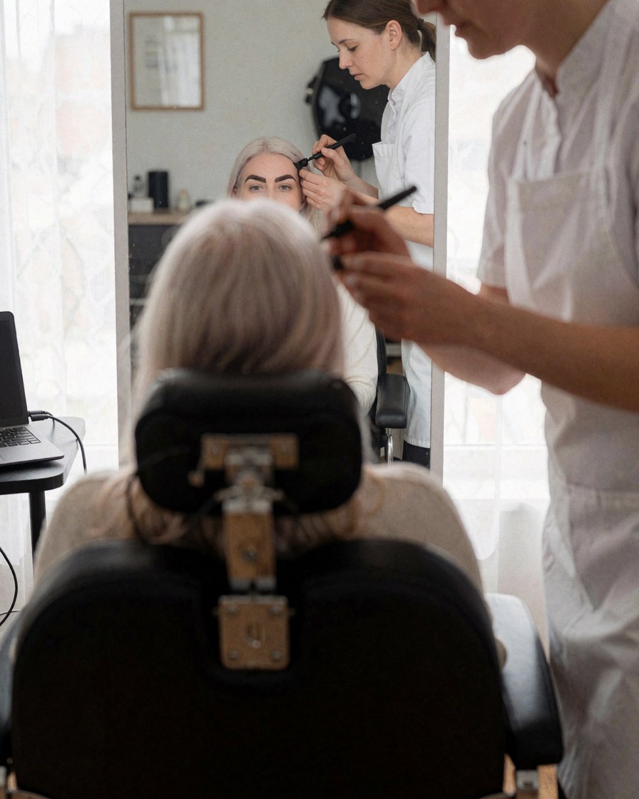 A client with light hair looks at her new eyebrow makeup in a mirror while a technician applies product in a bright studio.