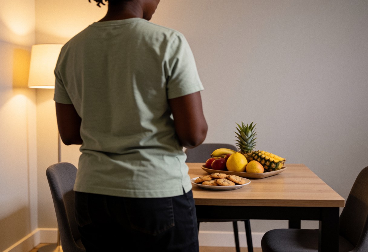 Person standing with back to camera at modern kitchen table with tropical fruits and cookies in warm lighting