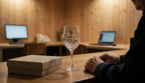 A carved glass item with an engraved name sits beside a gift box on a light wooden table in a glassblowing workshop.
