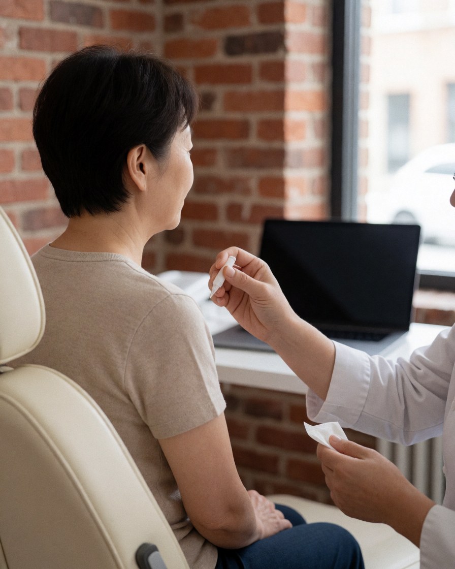 A professional aesthetician applies a chemical peel treatment to a seated client in a modern clinical setting with exposed brick walls and natural lighting.